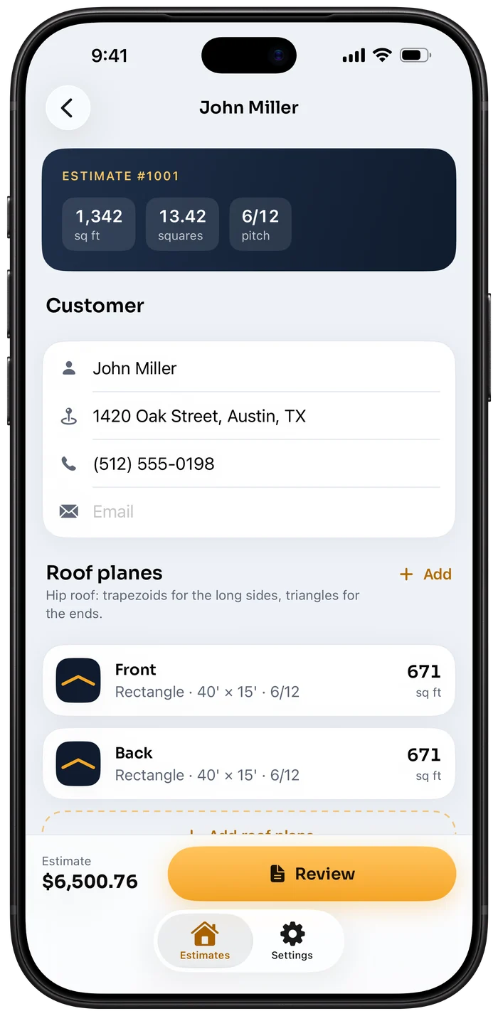 Estimate editor with customer details and measuring options