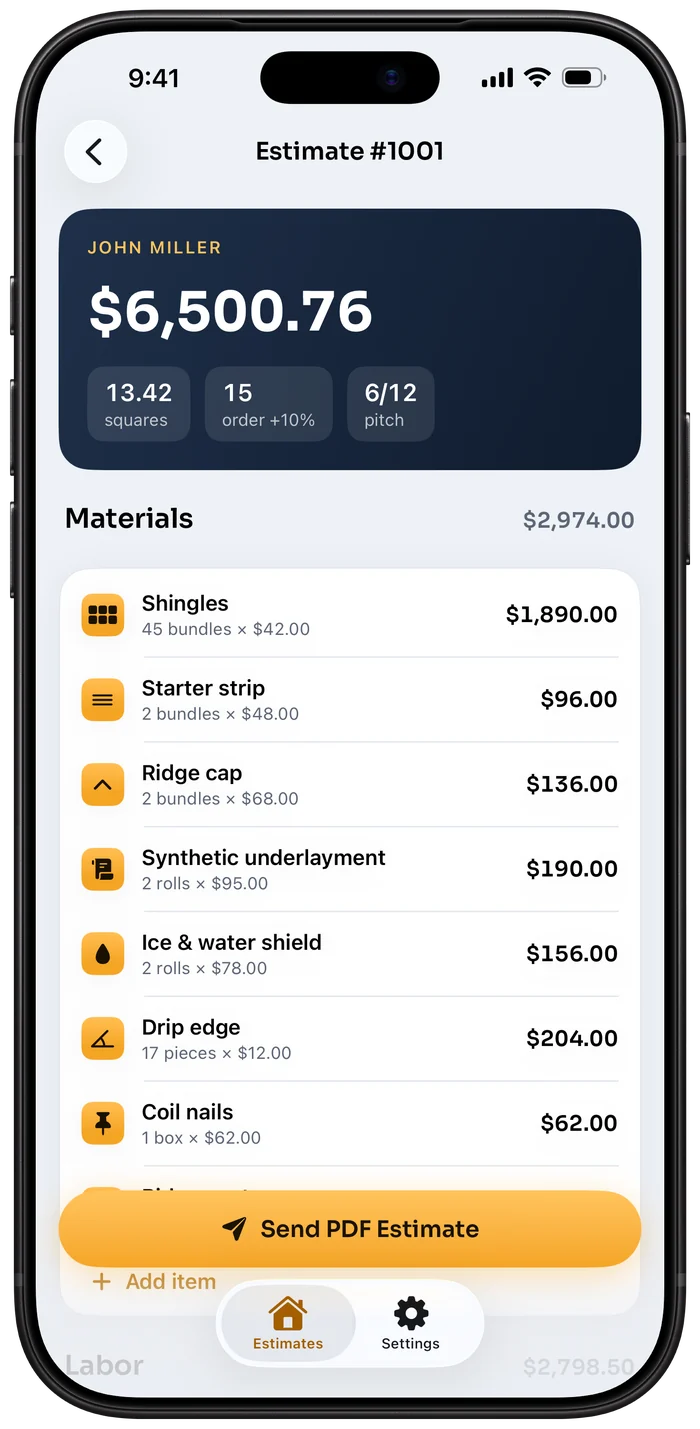 Material list with quantities and prices