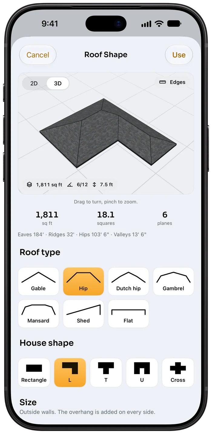 3D model of a hip roof on an L-shaped house