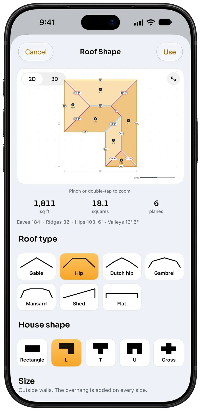 Roof built from dimensions with every edge length